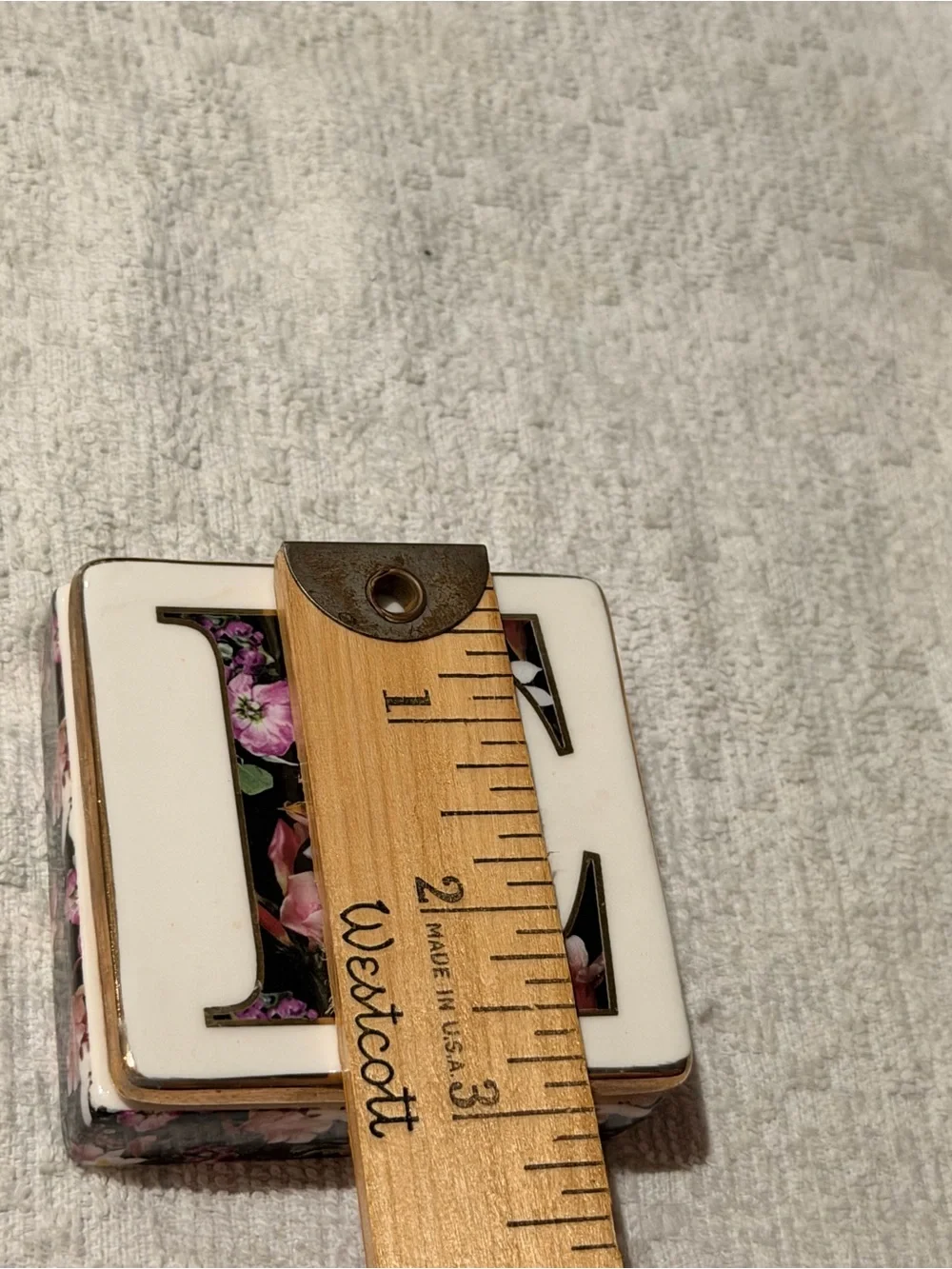 Anthropologie Floral 'E' Trinket Box in White, Black, Pink and Gold